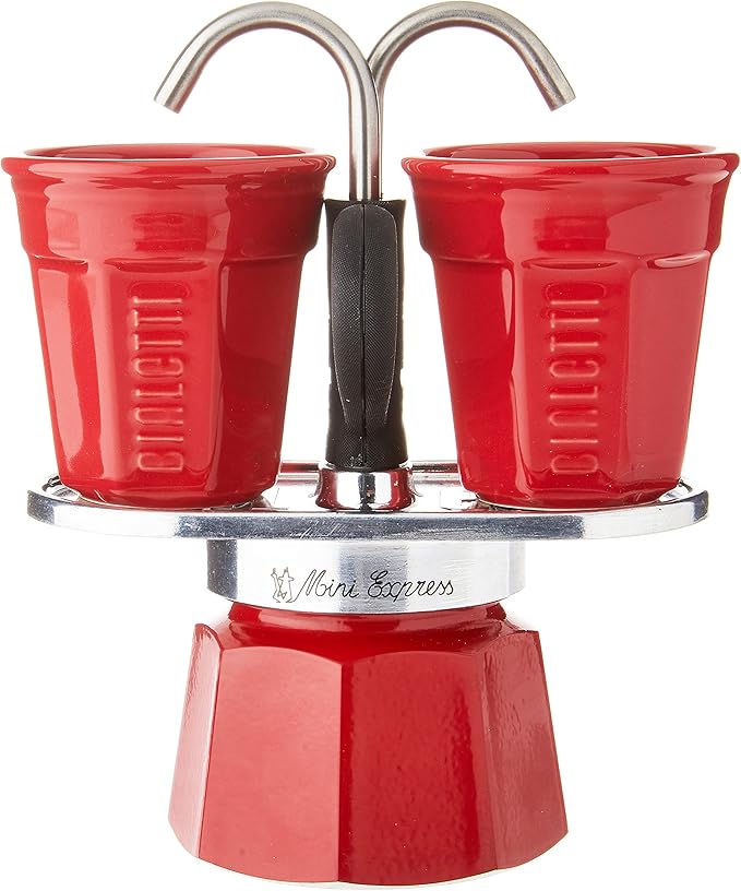 Bialetti - Mini Express Color: Moka Set includes Coffee Maker 2-Cup (2.8 Oz) + 2 shot glasses, Red, Aluminium - Image 2