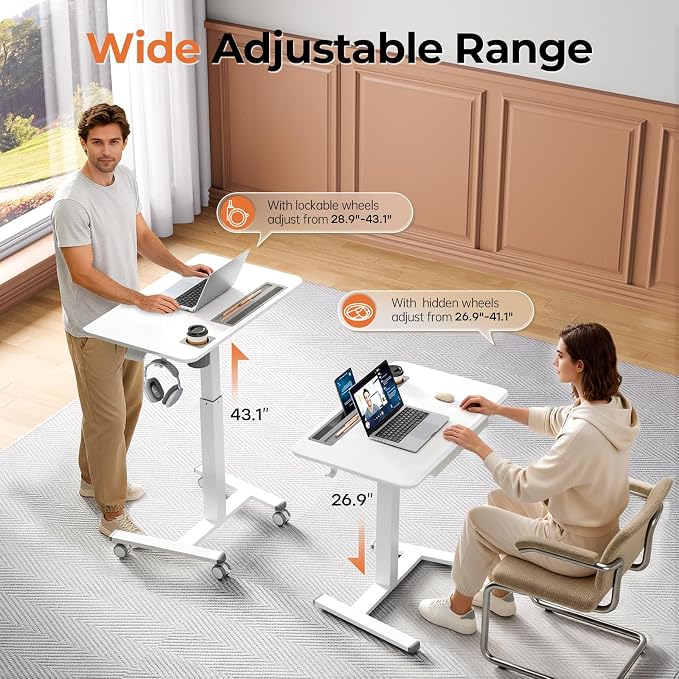 32" Mobile Desk with Drawer, Rolling Standing Desk on Wheels | Height Adjustable Desk with Cup Holder and Hooks, Portable Laptop Cart with Storage for Home Office, White - Image 3