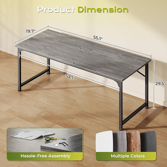 PRAISUN 55 Inch Computer Desk, Home Office Desk with Spacious Desktop, Grey | Modern Gaming Desk for Bedroom, Study, Work, Gaming & Writing, Large Legroom, Sturdy Metal Frame - Image 3