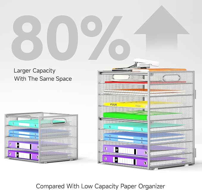 Cawukege 9 Tier Paper Organizer with Handle, Large Capacity Desk Organizer Mesh File Folder Letter Paper Tray Desktop Document Sorter for Classroom, School, and Office Accessories Organization- Silver - Image 3