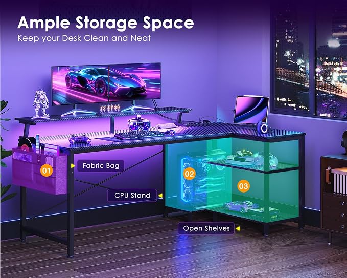 ODK 58 Inch L Shaped Gaming Desk with LED Lights, Power Outlets, Black | Adjustable Monitor Stand, Open Storage Shelves, Hanging Side Bag, PC Tower Stand, Reversible Layout for Gaming - Image 7