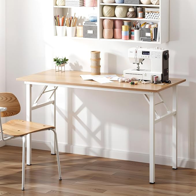 Need Office Computer Desk 47.2x23.6 in Sturdy Folding Laptop Table Pink Oak | White Frame Writing Gaming Work Table/Foldable Home Office Desk/Sewing Table, No Assembly Required - Image 2