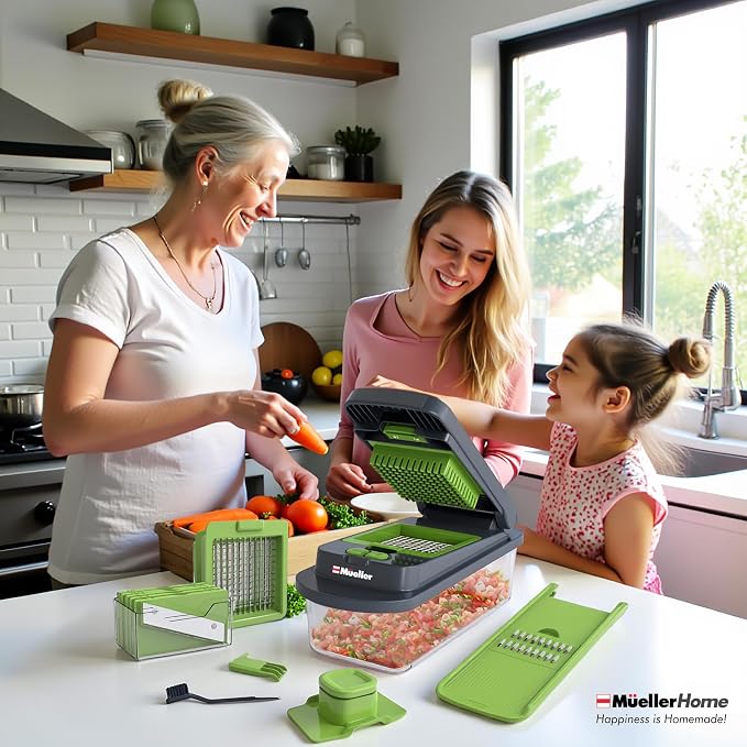 MUELLER HOME Pro-Series 10-in-1 Vegetable Chopper with Container, 8 Blade | Fruit Cutter, Dicer, Tomato Slicer, French Fry Cutter Potato Slicer, Salad Chopper, Gray/Green - Image 9
