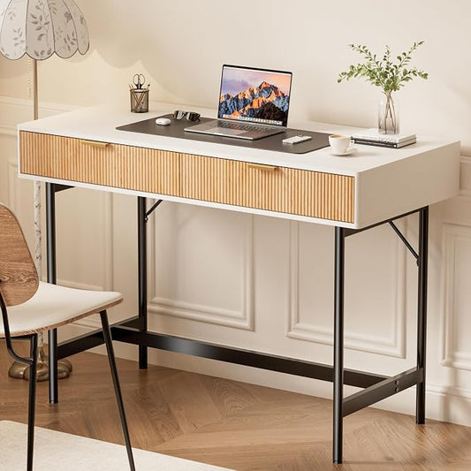 INNOD 45 Inch White Desk with Drawers, Small Writing Desks for Bedroom, Fluted Cute Desk with Storage for Vanity, Wood Computer Table for Living Room Small Spaces Home Office Study by INNODToddlerTower