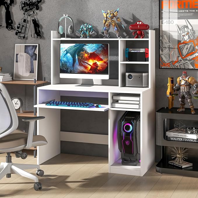 Giantex Computer Desk with Hutch, 43.5 Inch Home Office Desk with Keyboard Tray & Charging Station, Laptop PC Table for Workstation, Modern Study Writing Desk for Small Space, Bedroom, White - Image 8