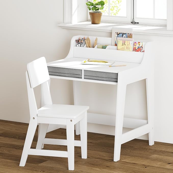UTEX Wooden Kids Desk and Chair Set with 2 Fabrics Drawers for Study Room | Kids Study Desk with Stand-up Organizer, Water-based Paint, Student Writing Desk for Bedroom by UTEX