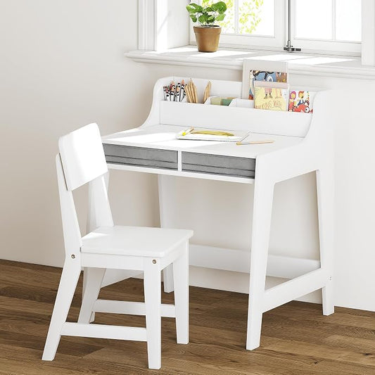 UTEX Wooden Kids Desk and Chair Set with 2 Fabrics Drawers for Study Room | Kids Study Desk with Stand-up Organizer, Water-based Paint, Student Writing Desk for Bedroom by UTEX