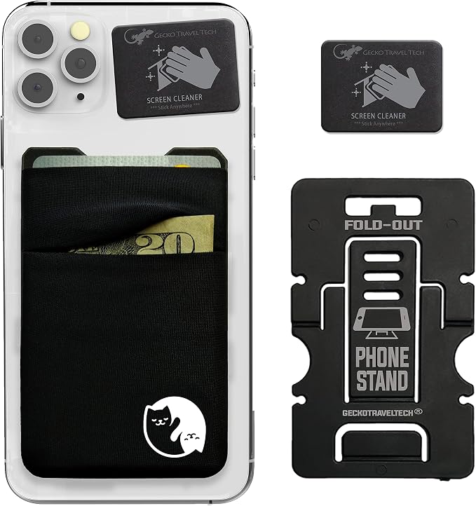 Gecko Travel Tech Double Pocket - Adhesive Card Holder - Cell Phone Pouch - Stick on Spandex Pocket - Carry Credit Cards and Cash - YIN YANG CAT by GeckoTravelTech