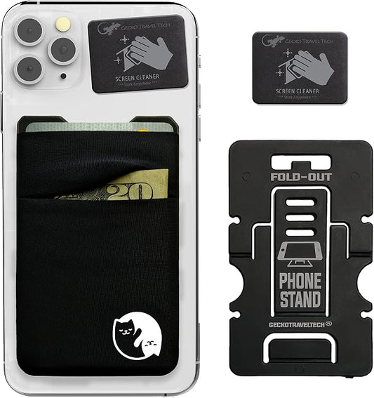 Gecko Travel Tech Double Pocket - Adhesive Card Holder - Cell Phone Pouch - Stick on Spandex Pocket - Carry Credit Cards and Cash - YIN YANG CAT by GeckoTravelTech