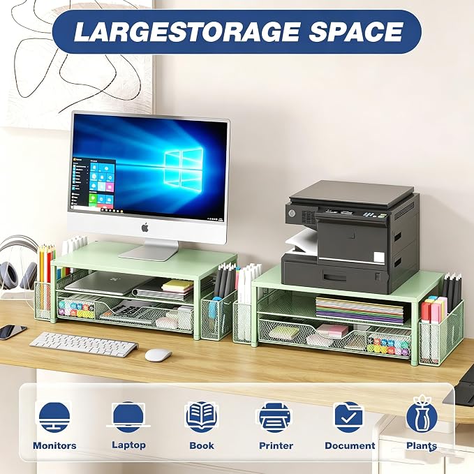 OPNICE Desk Organizers and Accessories, 2-Tier Computer Monitor Stand Riser with Drawer and 2 Pen Holders, Laptop Stand, Office Desk Accessories for Office Supplies, Green - Image 5