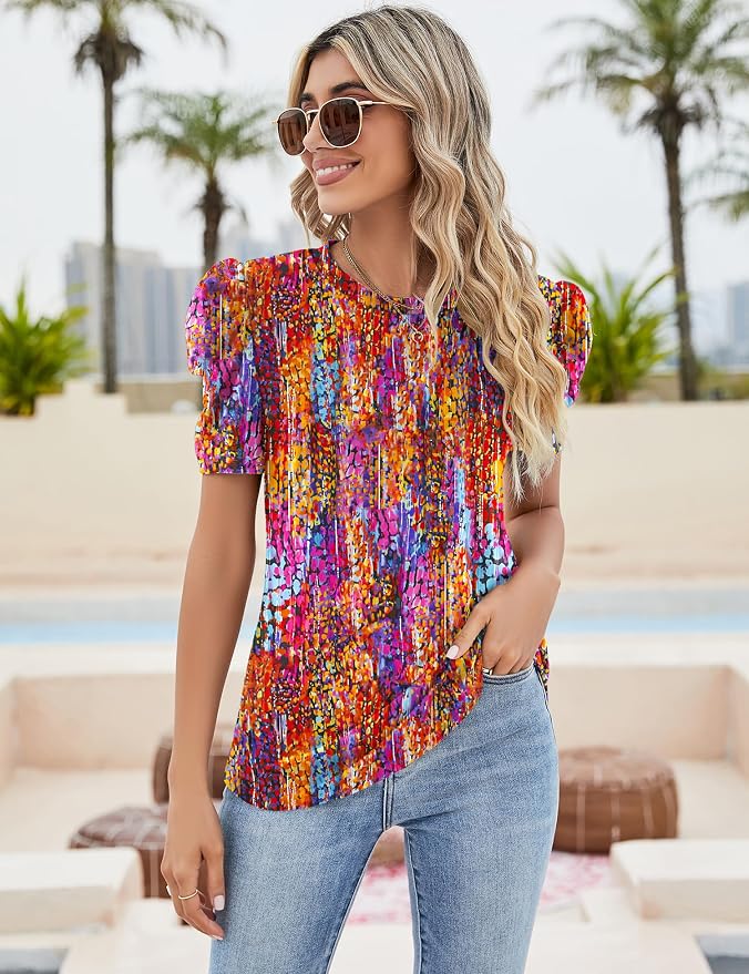 Ivicoer Puff Short Sleeve Shirt for Women Eyelet Tops Summer Crewneck Blouse Loose Fit S-XXL - Image 3