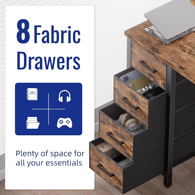 Pamray 47 Inch Computer Desk with 8 Fabric Drawers for Home Office Work | Ample Storage, Space-Saving, Suitable for Home Office Bedrooms Dorm Living Rooms for Study, Writing, Work - Image 4