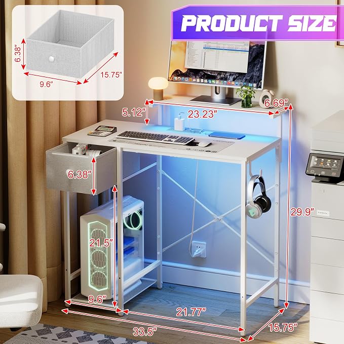 X-cosrack 33.5" Small Computer Desk with Monitor Stand & Outlets, Small Gaming Desk with LED Light & CPU Stand, Teen Study Writing Table with Storage Drawer, Side Hooks for Bedroom, Home Office White - Image 3