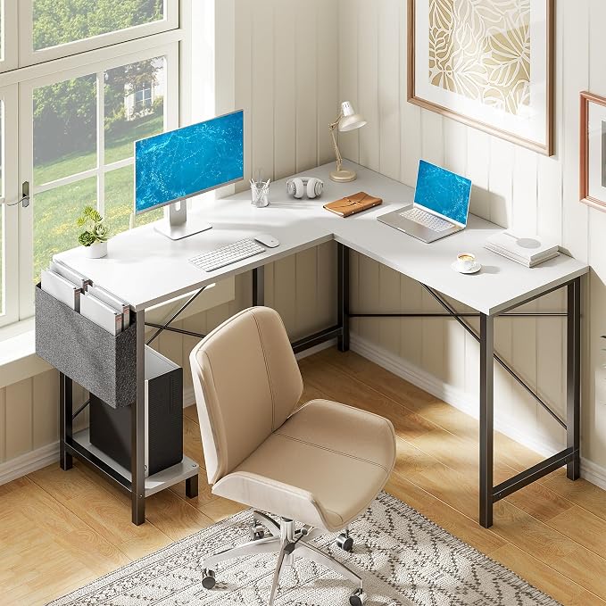 Alpen Corner Desk, L Shaped Gaming Desk with Storage Pocket and CPU Stand, Work Desk for Home Office, Small Corner Study Writing Table with Sturdy Metal Frame, 50 Inch, Classic White by ALPEN