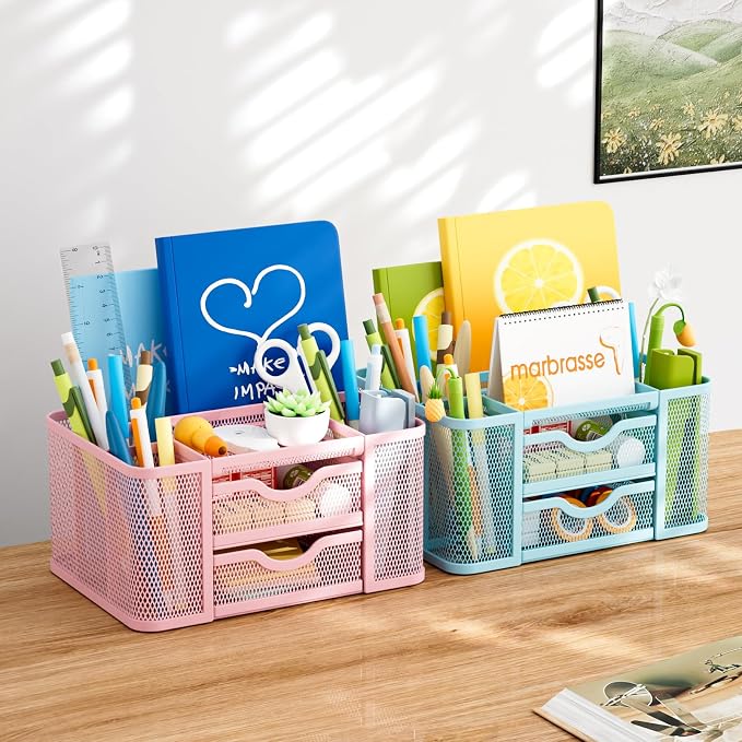 Marbrasse Mesh Desk Organizer, Pen Organizer with 2 Drawer, Multi-Functional Pencil Holder, Desk Organizers and Accessories with 5 Compartments + Drawer for Office Art Supplies (Blue) - Image 3