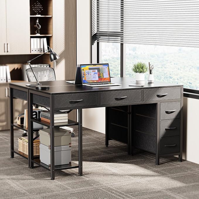 Huuger Computer Desk with 6 Drawers, Office Desk with Shelves, Reversible Gaming Desk, Corner Desk with Storage, Work for Home Office, Study, Living Room, 47inch, Black - Image 7