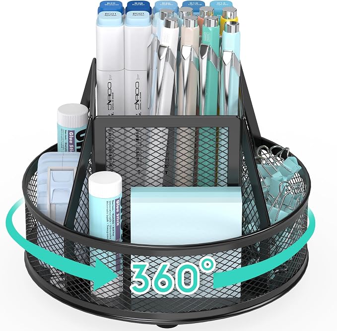 YINGHUA Metal Mesh Desk Organizer with 5 Compartments and Rotating Pencil Holder Pen and Stationery Organizer for Office Home School Anti Slip Base Black by YINGHUA