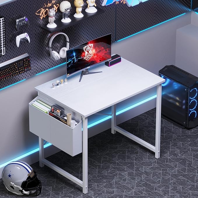 OLIXIS Small Computer Desk, 31 Inch Gaming Desks for Home Office | Writing Study Craft Work Table, Computer Workstation for Bedroom Small Spaces with Storage Bag, All White - Image 4
