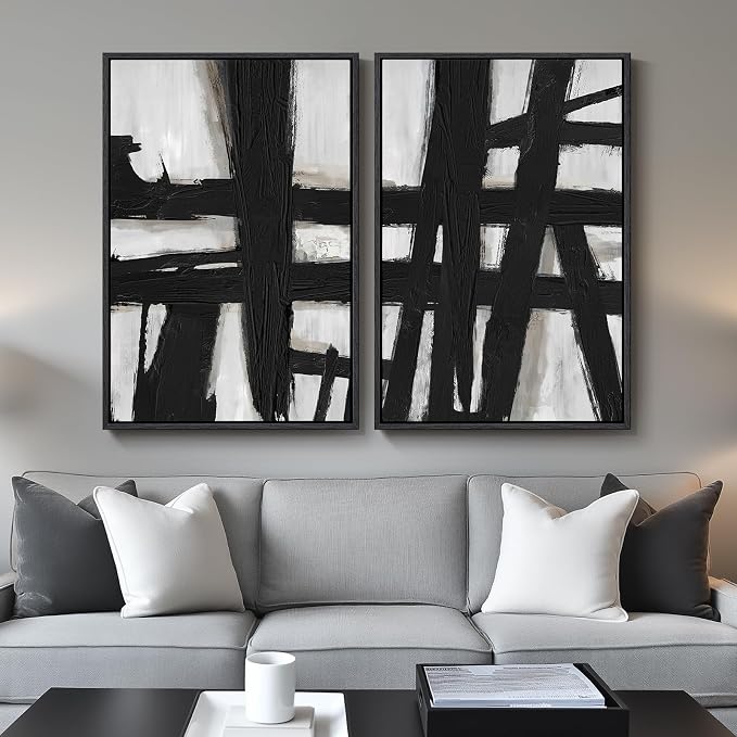 Large Framed Black and White Abstract Wall Art for Living Room, 2 Piece Modern Canvas Prints Wall Paintings Artwork for Walls, Minimalist Black Lines Pictures for Hallway Office Wall Decor 24x36 In by Cuspin