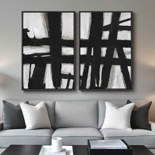 Large Framed Black and White Abstract Wall Art for Living Room, 2 Piece Modern Canvas Prints Wall Paintings Artwork for Walls, Minimalist Black Lines Pictures for Hallway Office Wall Decor 24x36 In by Cuspin