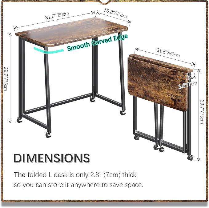 4NM 31.5" Mobile Small Folding Desk, Foldable Rolling Computer Home Office Desk, Study Writing Table for Small Space Saving Bedroom, with Wheels - Rustic Brown and Black - Image 2