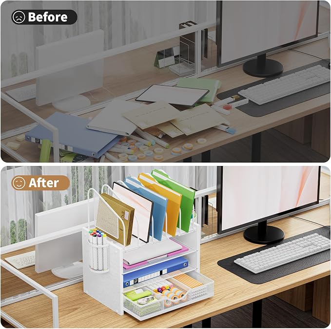 Marbrasse Desk organizer with Drawer, 4-Tier Wooden File Organizer with 5 Vertical File Holders and 2 Pen Holders, Desk Organizers and Accessories for Home Office - White - Image 5