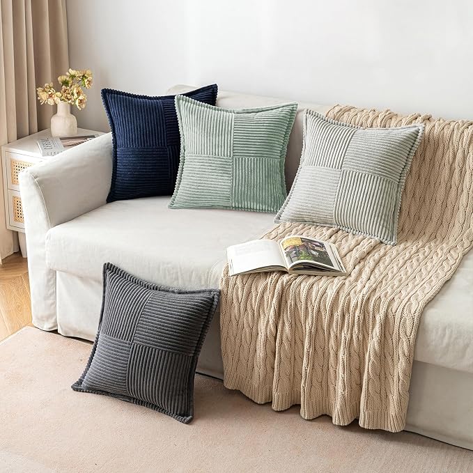 MIULEE Spring Decorative Throw Pillow Covers for Couch Bed Livingroom 20x20 Inch Set of 2 Greyish Green Boho Accent Throw Pllows Broadside Striped Patchwork Soft Corduroy Summer Pillowcases - Image 4
