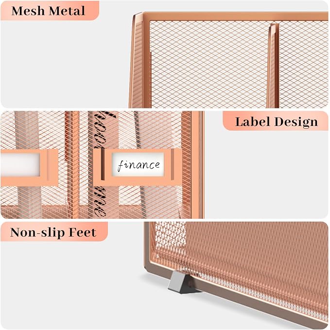 SUPEASY Desk Organizers Metal Desk Magazine File Holder with 5 Vertical Compartments Rack File Organizer for Office Desktop, Home Workspace, Rose Gold - Image 4