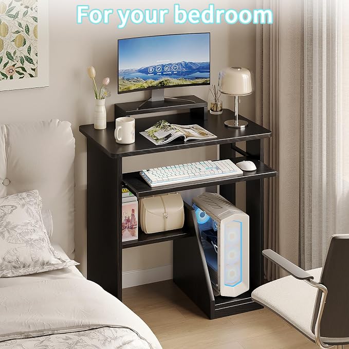 ALISENED 30 Inch Computer Desk, with Keyboard Tray & Monitor Stand | Compact Desk for Space-Saving, Ergonomic Study Desk with Storage Shelves for Writing, Gaming, Working, Black - Image 8