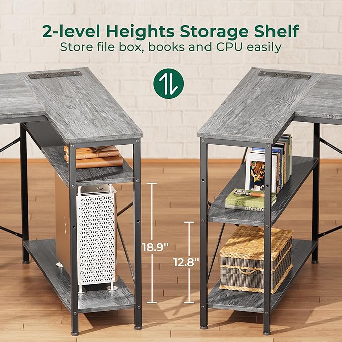 Huuger L Shaped Office Desk with Power Outlets, 47 Inch Computer Desk with 3 Drawers, Shelves, for Gaming, Corner Work, Home Office, Study, Grey - Image 7