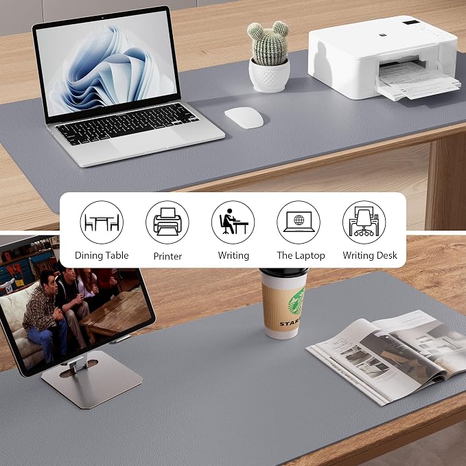 Aothia Faux Leather Desk Mat - Non-Slip PU Leather Desk Blotter, Waterproof Writing Surface, Large Desk Pad for Office & Home (Light Grey, 55" x 17") - Image 6