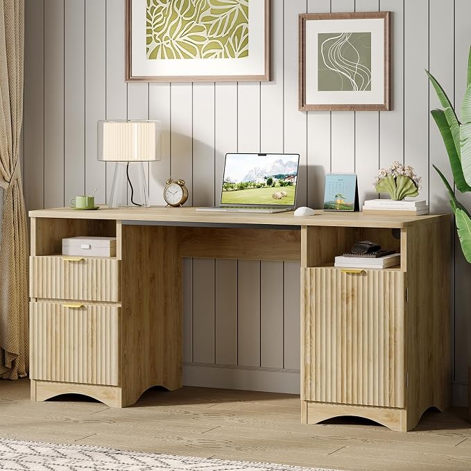 Bestier 59 inch Computer Desk with 2 Drawers, Office Desk with Storage File Cabinet and 2 Open Storage Shelves, Modern Fluted Executive Desk for Home Office Bedroom, Natural Oak - Image 5