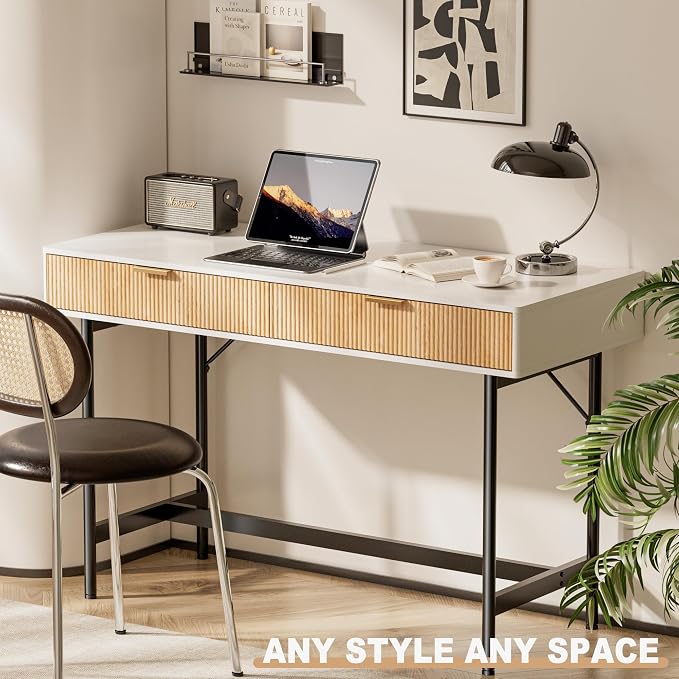 INNOD 45 Inch White Desk with Drawers, Small Writing Desks for Bedroom, Fluted Cute Desk with Storage for Vanity, Wood Computer Table for Living Room Small Spaces Home Office Study - Image 7