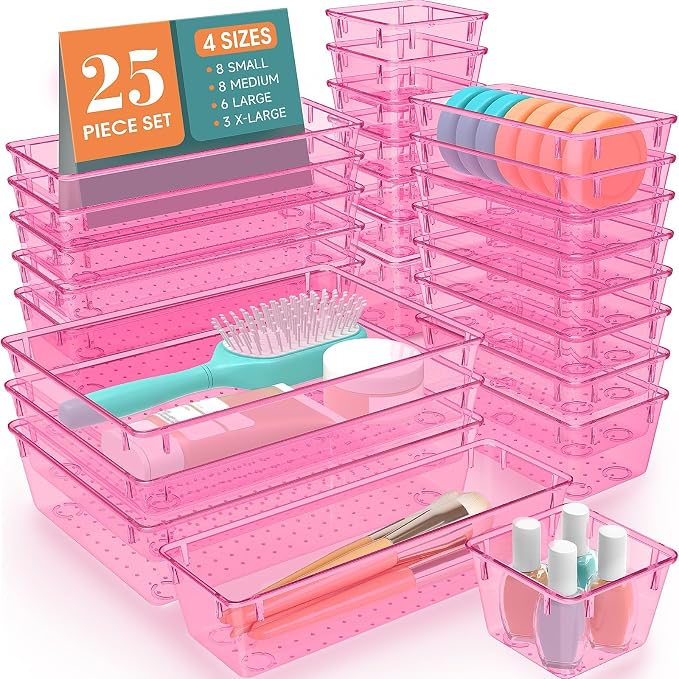 SpaceHacks 25 PCS Plastic Drawer Organizer Set, 4-Size Versatile Organizer Trays & storage Bins for Makeup, Jewelry, and Gadgets in Bathroom, Bedroom and Office, Clear Pink by SpaceHacks