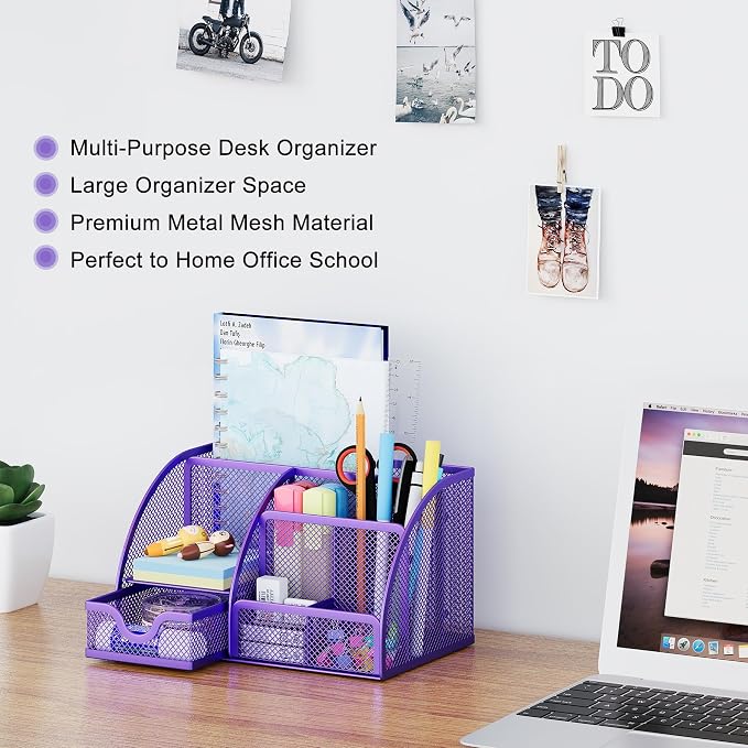 EasyPAG Mesh Desk Organizer with Drawer Multi-functional Pen Holder Stationery Organizer for Office School Supplies 6 Compartments Dorm Organizers and Storage for Desk, Purple - Image 2