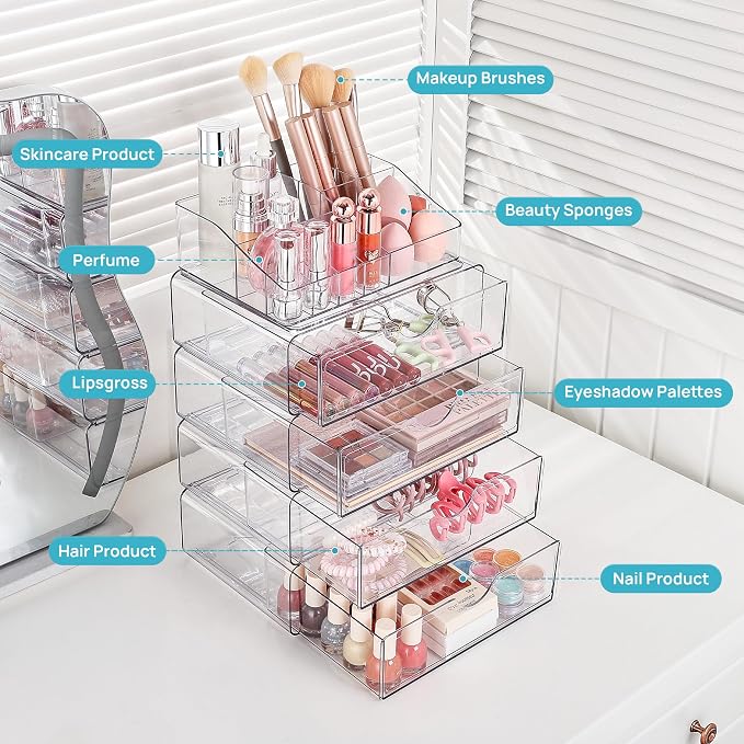Vtopmart 3 Tier Clear Makeup Organizer with 2 Drawers | Smart Storage Layout, Clear for Better Visibility, Stackable, Large Capacity, for Makeup Lipstick Brush Skincare - Image 7