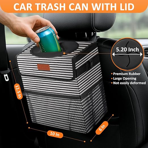 Vankor 3 Gallons Car Trash Can with Lid, Car Trash Bag Bin Hanging Waterproof Automotive Garbage Cans Leak Proof Vehicle Trash Can Stripe - Image 2