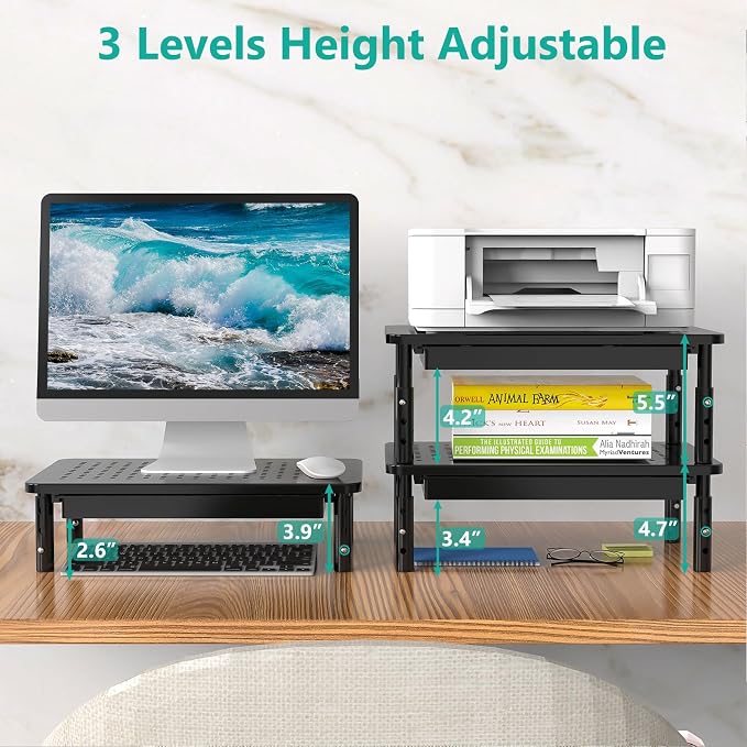WALI Dual Monitor Stand with Storage, Desk Monitor Riser 3 Height Adjustable, Laptop Riser with Airflow Vents, Desk Organizer for Computer, Laptop, Printer, Notebook (STT003D-2B), 2 Pack, Black - Image 6