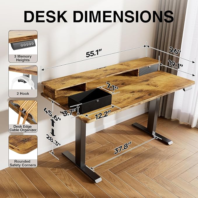 Veken 55x26 in Electric Standing Desk with Drawers, Adjustable Table, Brown | Stand up Computer Desk for Home Office, Work & Study, with Storage, 3 Memory Presets, Cable Organizer, Hook, and Quiet Lift. - Image 3