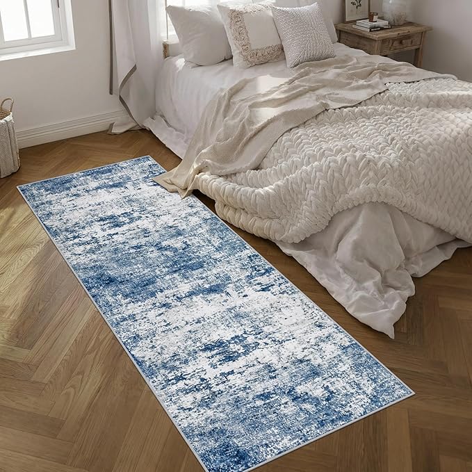 Washable Area Rug 3x8 Entryway Rug: Washable Modern Abstract Soft Thin Rug Indoor Floor No Slip Stain Resistant Carpet for Bedroom Dining Room Farmhouse Nursery Home Office - Blue - Image 2