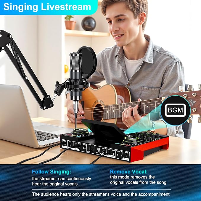 Podcast Microphone Bundle with Live Sound Board Audio Mixer, Podcast Equipment Bundle with 3.5mm Boom Mic(P15) for Pc/Phone Live Streaming Singing Gaming, Voice Changer, Denoise - Image 6