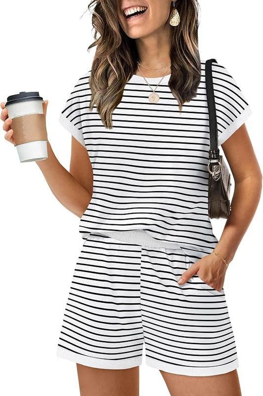 WIHOLL Two Piece Sets for Women Summer Lounge Short Sets Cap Sleeve Crew Neck Sweatsuit with Pocket XS-2XL by WIHOLL