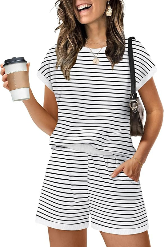 WIHOLL Two Piece Sets for Women Summer Lounge Short Sets Cap Sleeve Crew Neck Sweatsuit with Pocket XS-2XL by WIHOLL