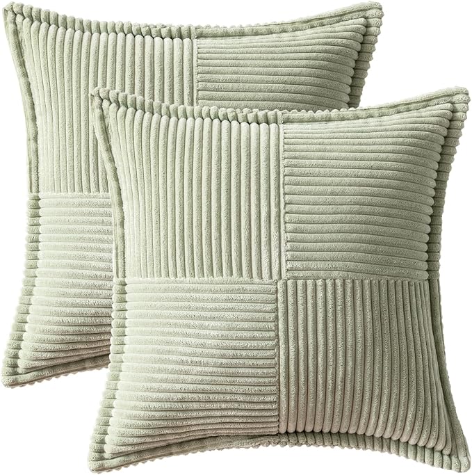 MIULEE Spring Decorative Throw Pillow Covers for Couch Bed Livingroom 20x20 Inch Set of 2 Light Green Boho Accent Throw Pllows Broadside Striped Patchwork Soft Corduroy Summer Pillowcases - Image 6