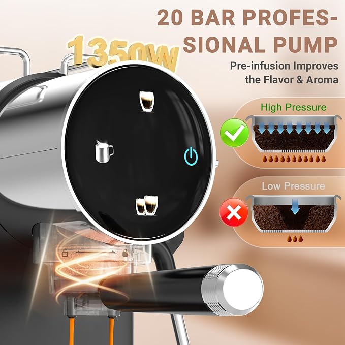 Ollygrin 20 Bar Espresso Coffee Machine, Semi-Automatic Espresso Machine with Touch Panel, 1350W Espresso Maker with Steam Wand, Removable Drip Tray & Water Tank, Modern Design for Latte & Cappuccino - Image 2