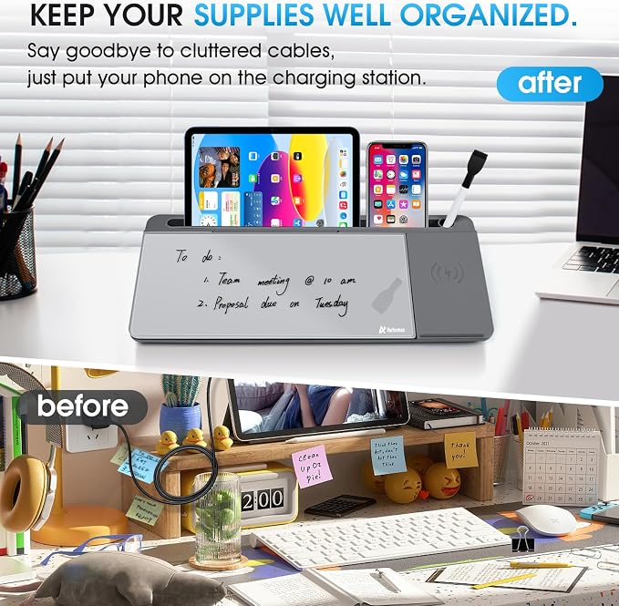 Varhomax Glass Desk Whiteboard with Wireless Charger, Desktop Dry Erase White Board with Storage, to Do List Memo Notepad for Home and Office (Gray) - Image 4