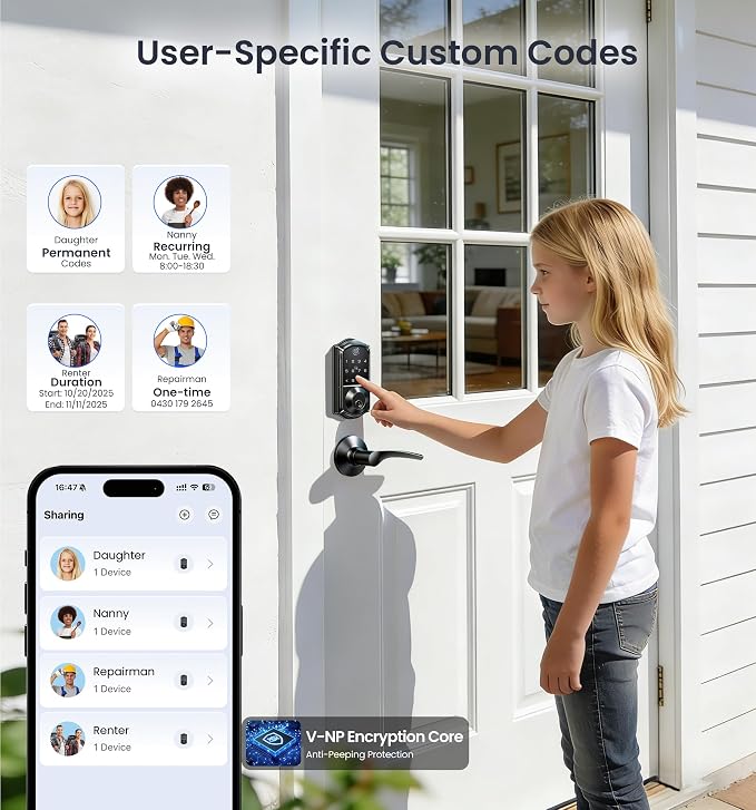 Veise VE017 Fingerprint Smart Door Lock, App Control, 8-in-1 Keyless Entry, Auto Lock, Emergency Power Port, Electronic Touchscreen Keypad, Biometric Smart Locks for Front Door, Matte Black - Image 4