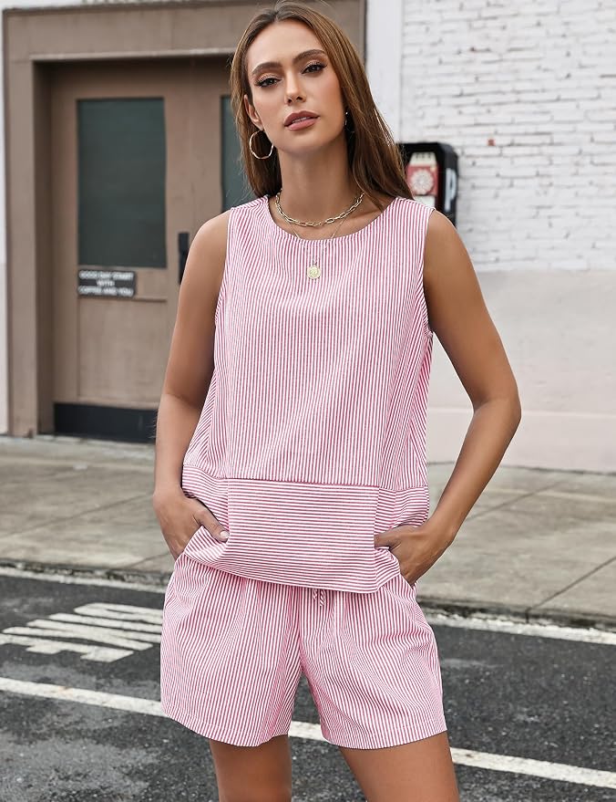 LOMON Women's Trendy 2 Piece Outfits Shorts Sets Summer Crew Neck Sleeveless Tank Top and Bottom Matching with Pockets 2026 - Image 6