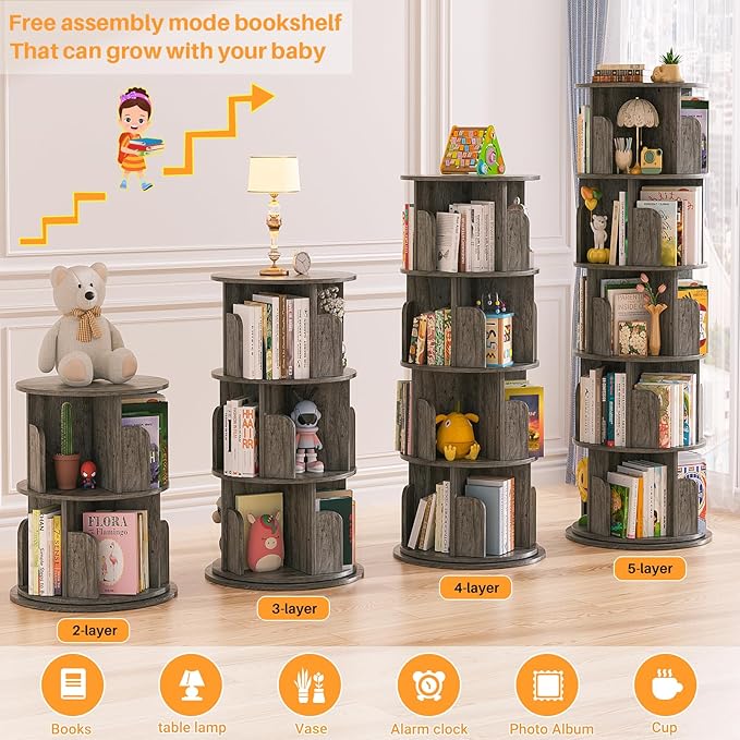 Aheaplus Rotating Bookshelf, 360 Display Wood Spinning Bookshelf Tower, 5 Tier Floor Standing Bookcase Storage Rack, Revolving Bookcase Corner Bookshelf for Small Space, Bedroom, Study Room,Black Oak - Image 6