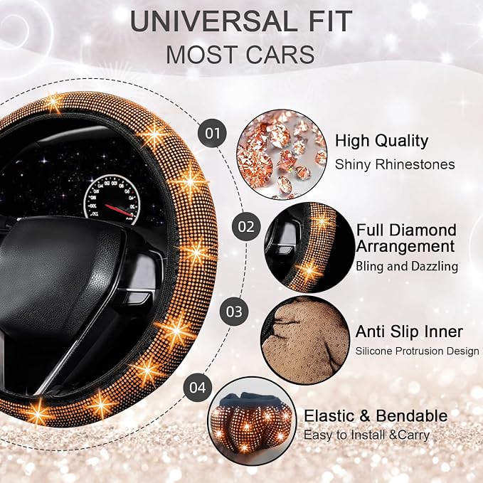 NBTEPEM 27 PCs Orange Bling Car Accessories Set for Women, Steering Wheel Covers Universal Fit 15 Inch, Bling License Plate Frame, Bling Phone Holder, Bling Car Coasters (Orange Diamond) - Image 3